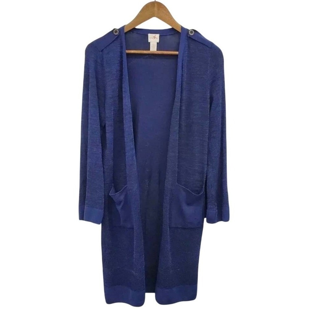 Chicos Womens S Blue Open Front Cardigan Sweater Long Sleeve Pockets - Picture 2 of 13